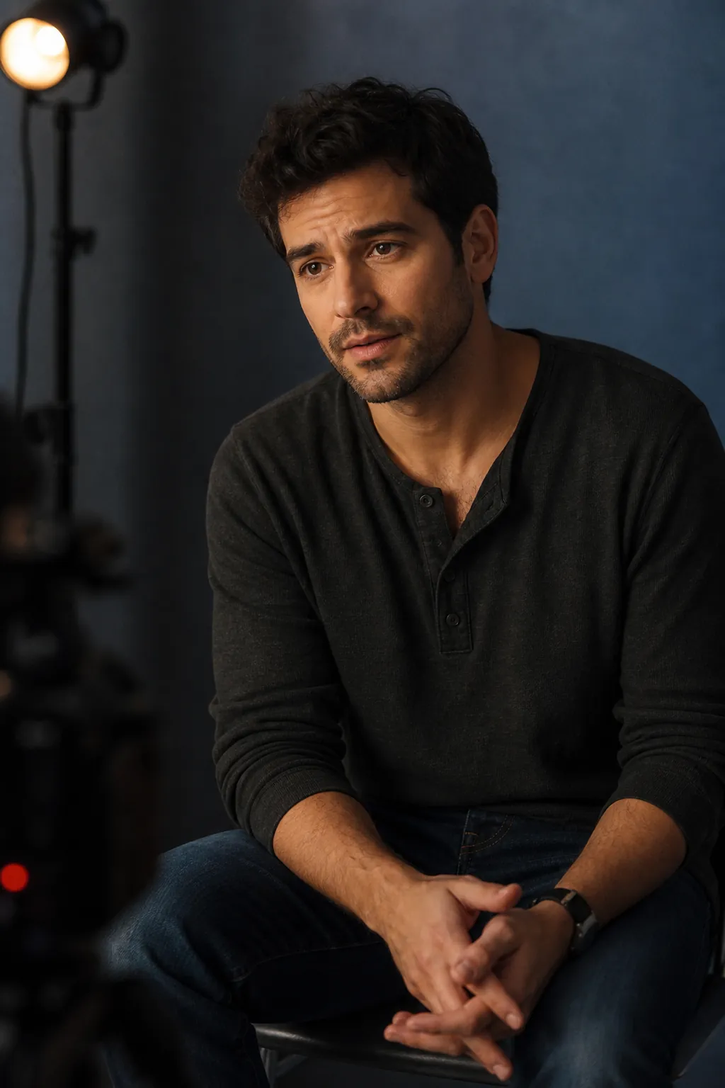 An actor focused on an off-camera reader during a self-tape