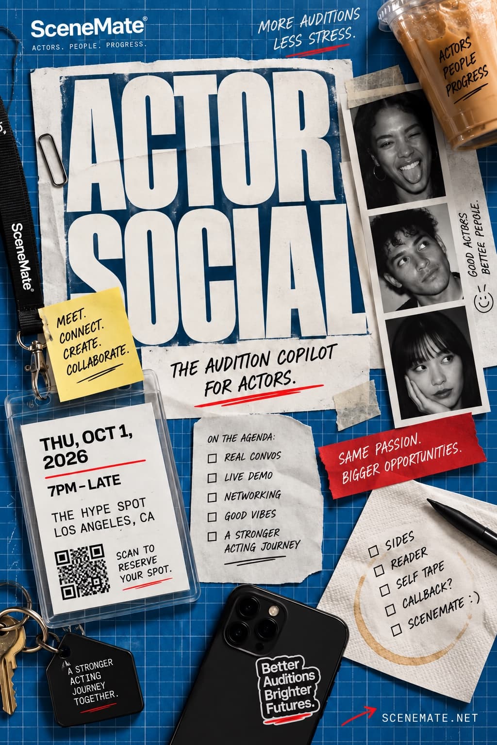 SceneMate Actor Social flyer announcing Thursday, October 1, 2026 at 7 PM at The Hype Spot in Los Angeles